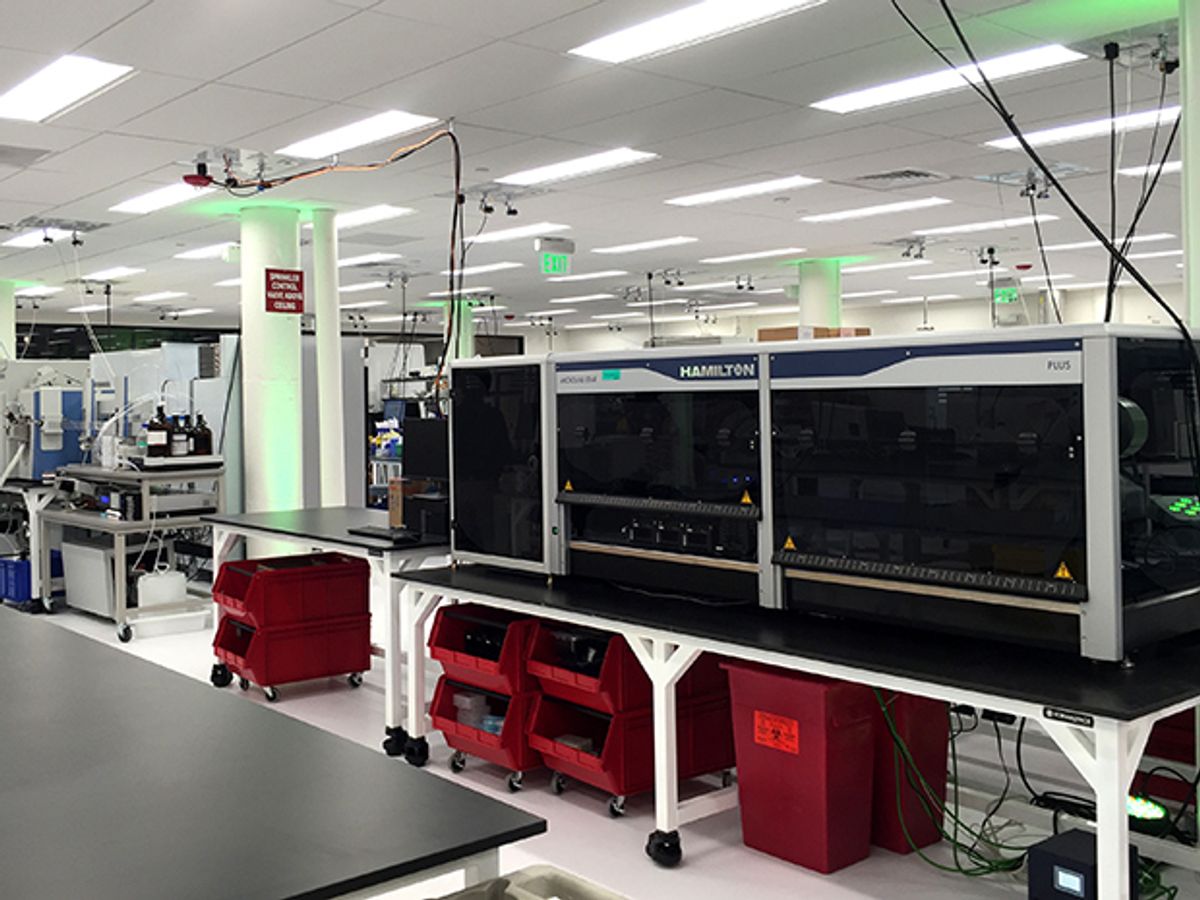 Photo shows the automated lab of Ginkgo Bioworks, a synthetic biology company
