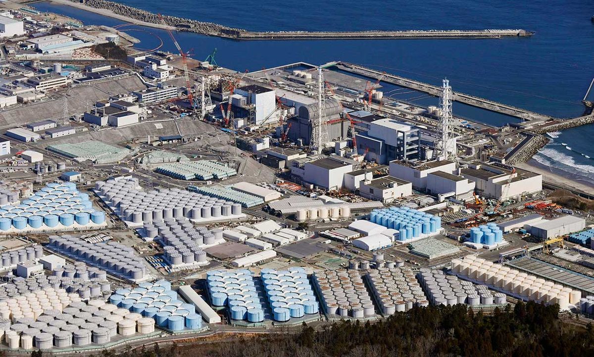 Photo taken from a Kyodo News helicopter on Feb. 13, 2021, shows tanks at the crippled Fukushima Daiichi nuclear power plant storing treated radioactive water from the plant.