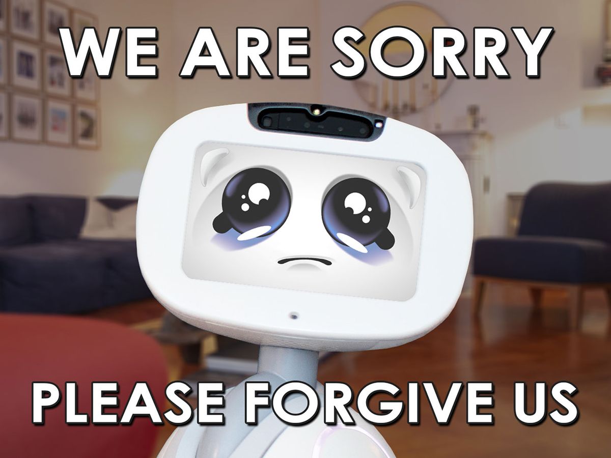 Photograph of Buddy the social robot looking sad, with the words We are sorry and Please forgive us on the image.