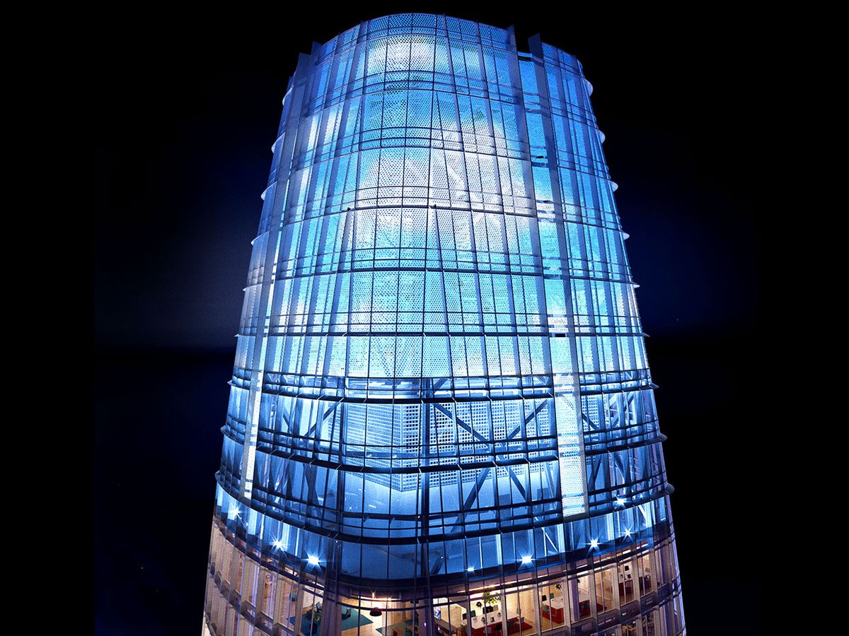Photograph of Jim Campbell's LED art installation on top of Salesforce tower.