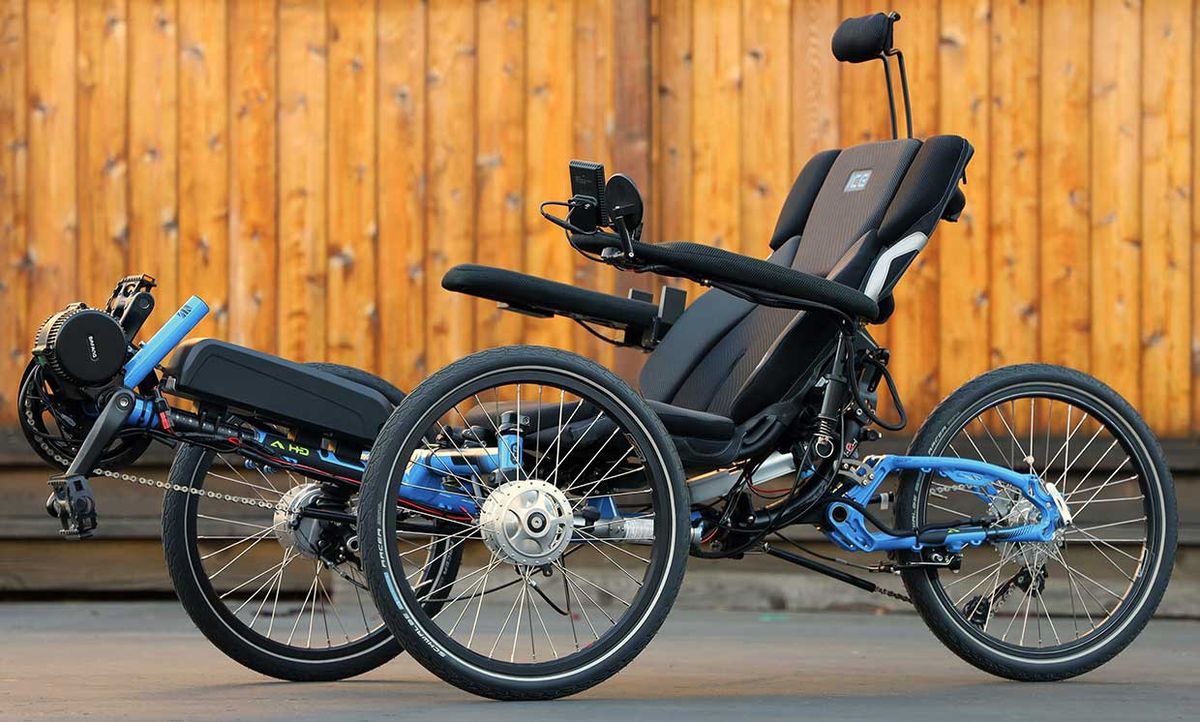 Photograph of the electrified DIY recumbent tricycle.