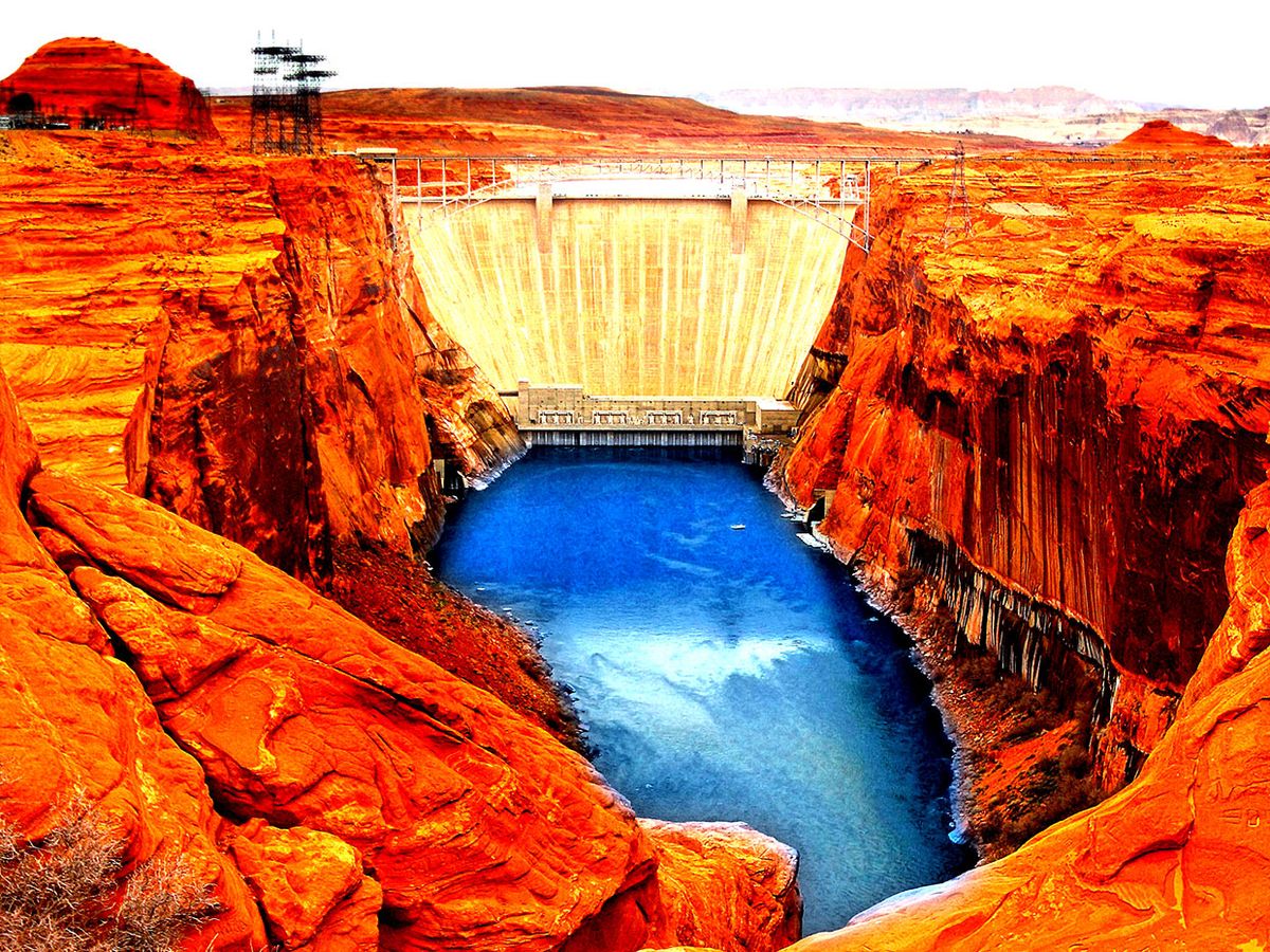 Photograph of the Glen Canyon Dam, altered in Photoshop to look more otherworldly and dangerous.