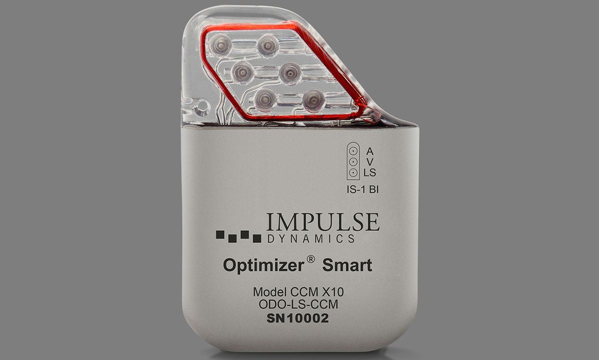 Photograph of the implantable Optimizer Smart system device, which could help millions of patients with congestive heart failure.
