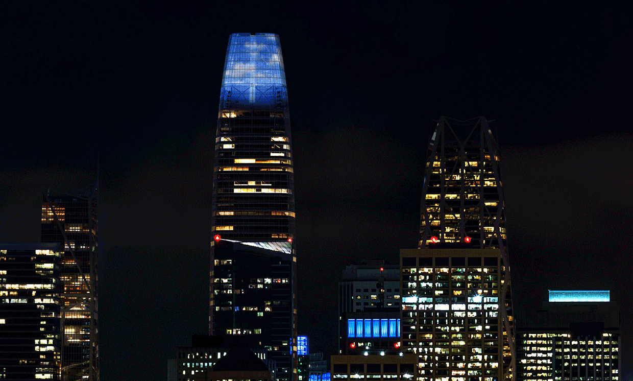 Photograph of the Salesforce Tower at night, with Jim Campbell's artwork on display.