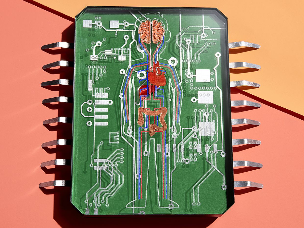 Photograph showing a conceptual prop imagining a mini-me on a chip to test medicine.