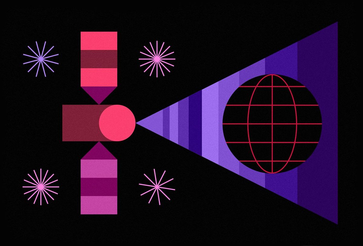 pink and purple illustration of different shapes placed together to look like a satellite and world against a black background