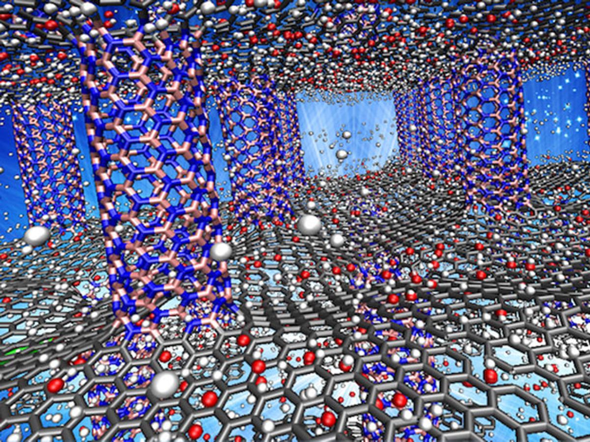 Pink (boron) and blue (nitrogen) pillars serve as spacers for carbon graphene sheets (grey). The researchers showed the material worked best when doped with oxygen atoms (red), which enhanced its ability to adsorb and desorb hydrogen (white).