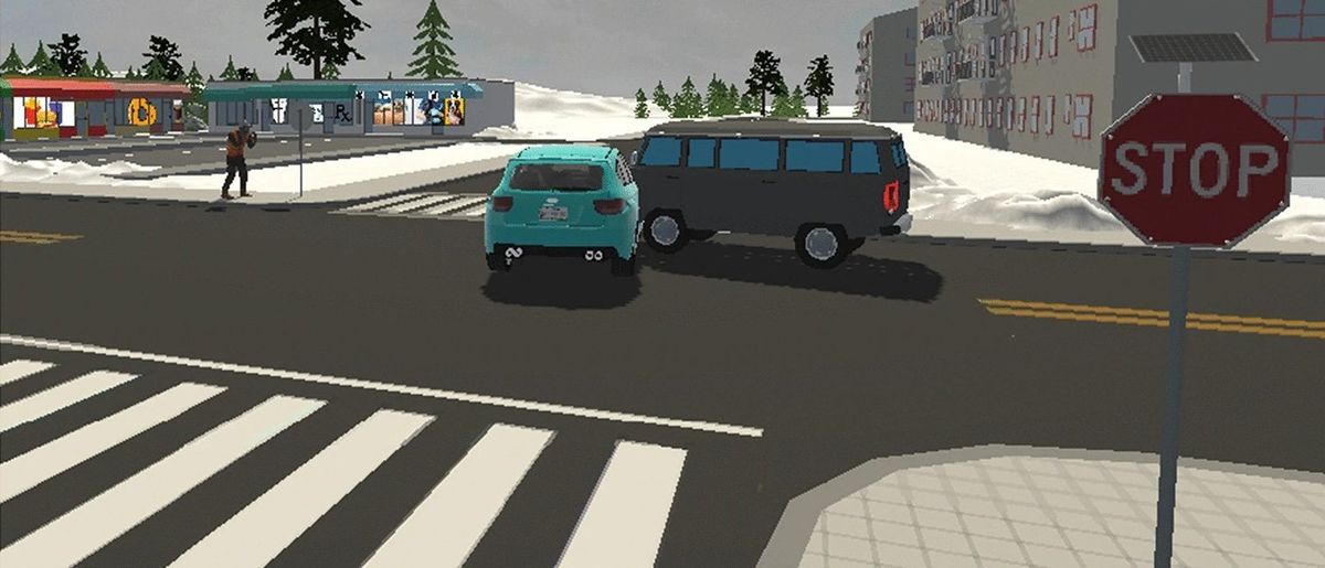 pixelated illustration of a car scene with two cars sitting perpendicular to each other 