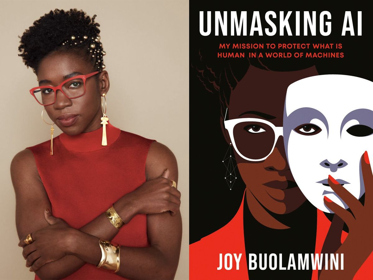 portrait of a woman wearing a red shirt and glasses and a cover of a book with a person holding up mask up to side of their face