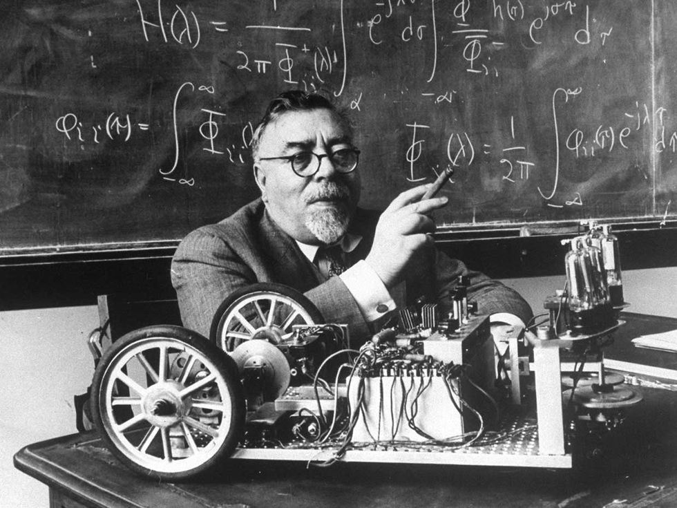 Portrait of Professor Norbert Wiener, American mathmematician who founded cybernetics, in classrom at MIT. 