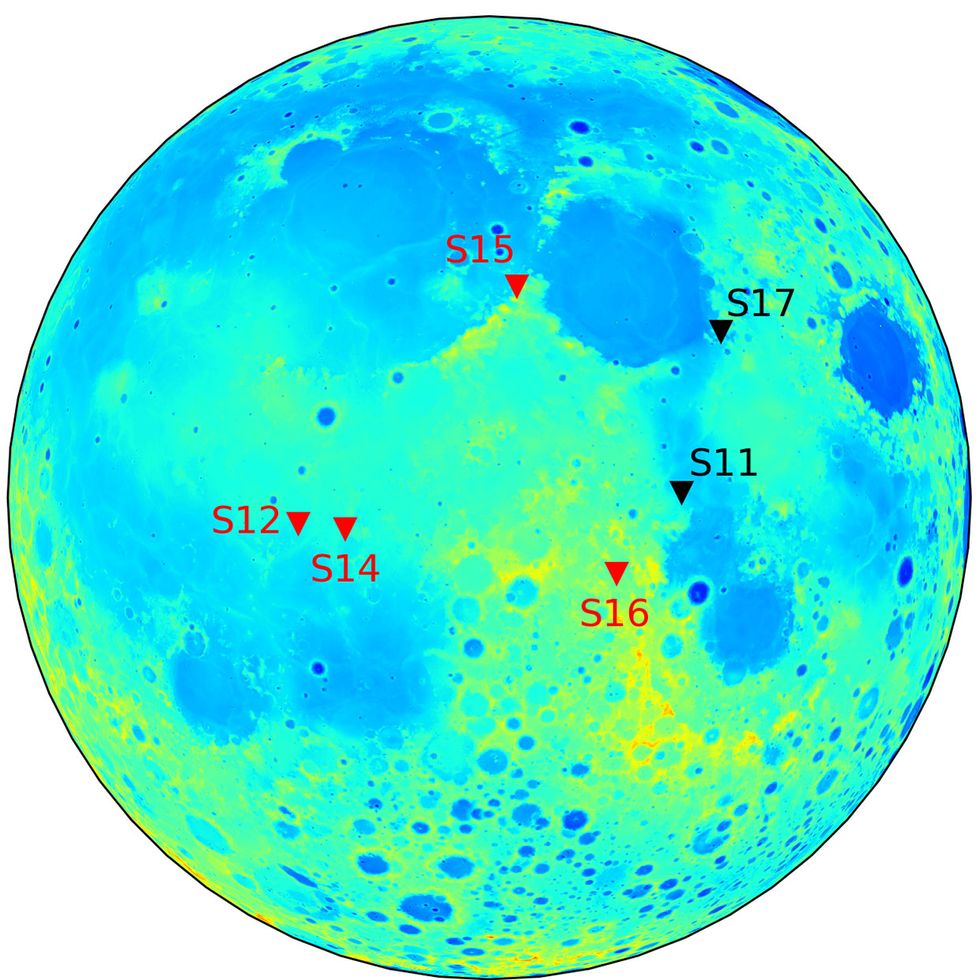 positions of seismometers deployed on the moon surface during Apollo missions 11, 12, 14, 15, 16 and 17.