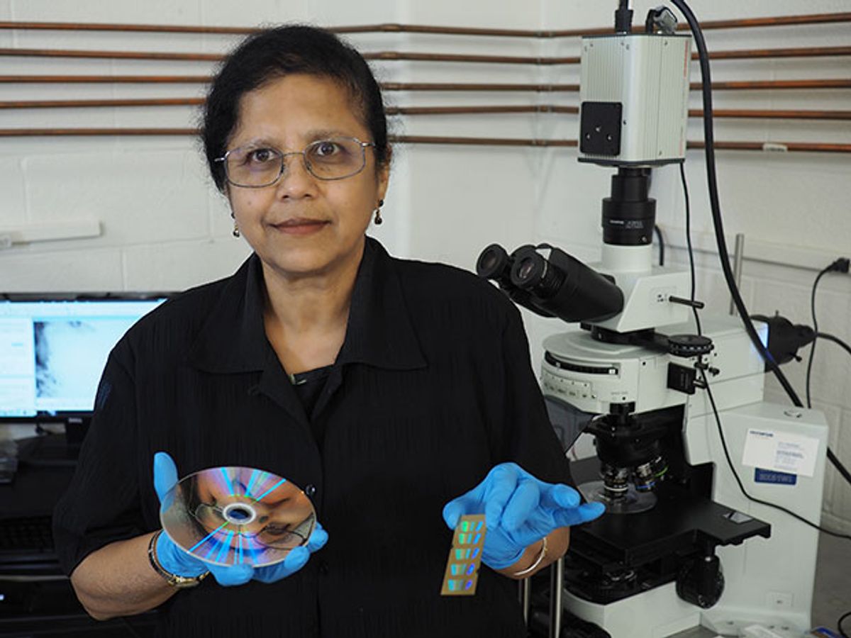 Professor Shubhra Gangopadhyay of the University of Missouri holding plasmonic gratings.