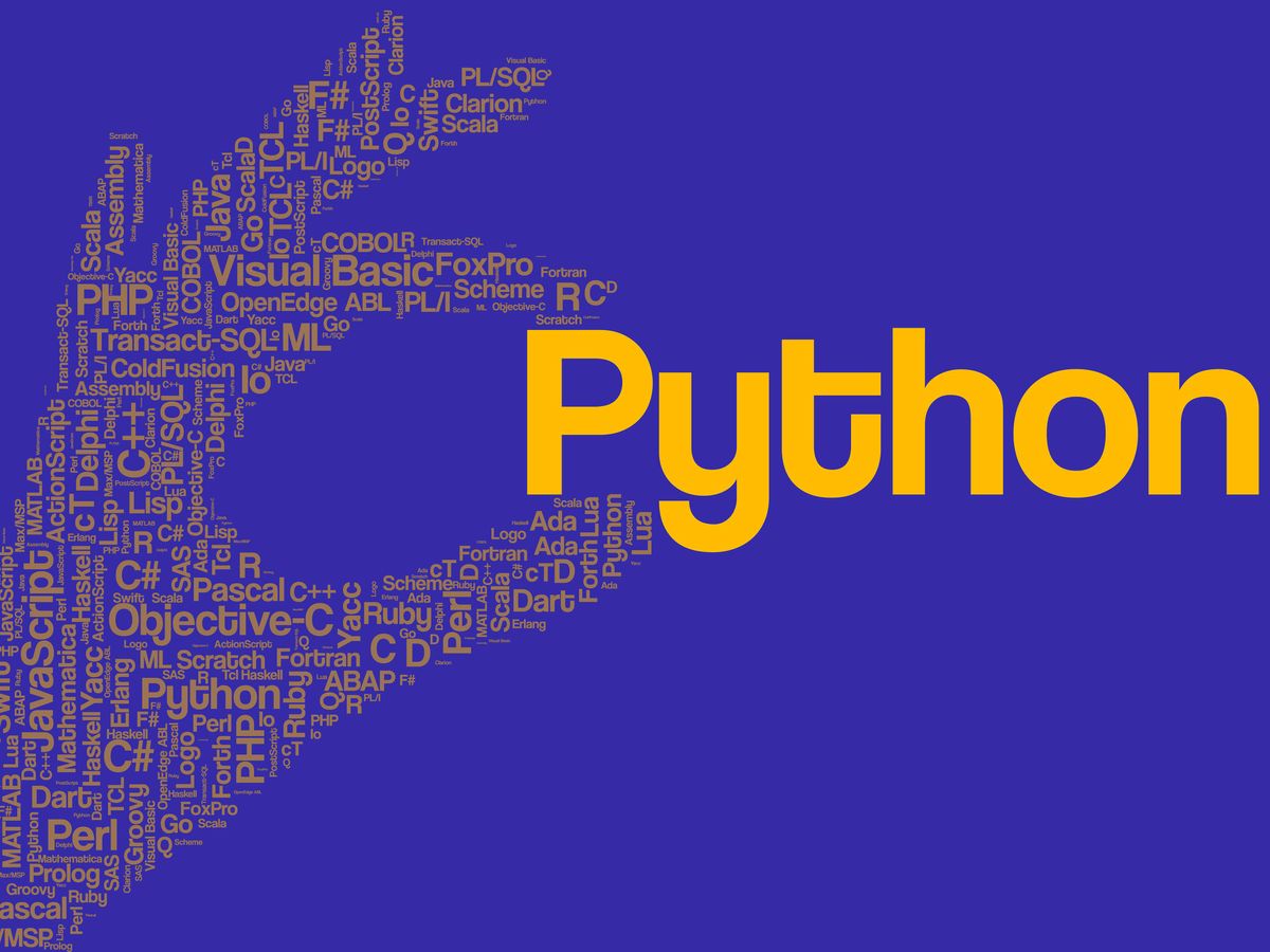 Purple background  with a yellow hand shape made up of names of programming languages holds the word Python, which is large. 