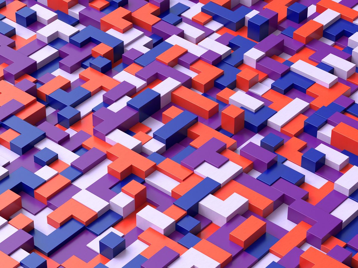 red, blue, purple and pink blocks interconnected together