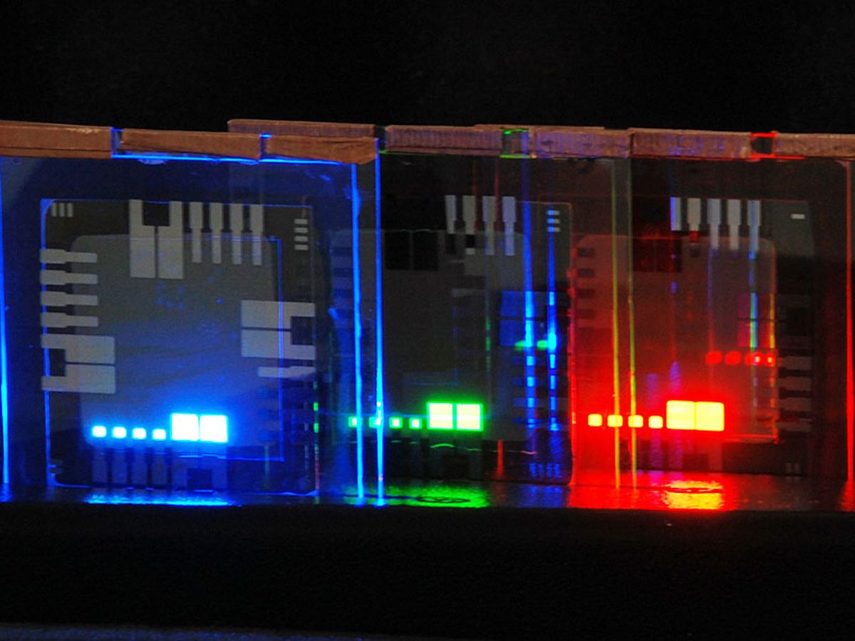 Red, green, and blue pixels made from quantum dot LEDs developed by QD Vision.