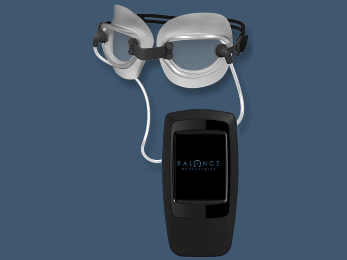 Rendering of a black device attached to a pair of goggles