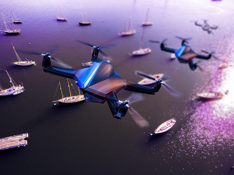 Rendering of drone flying over boats.