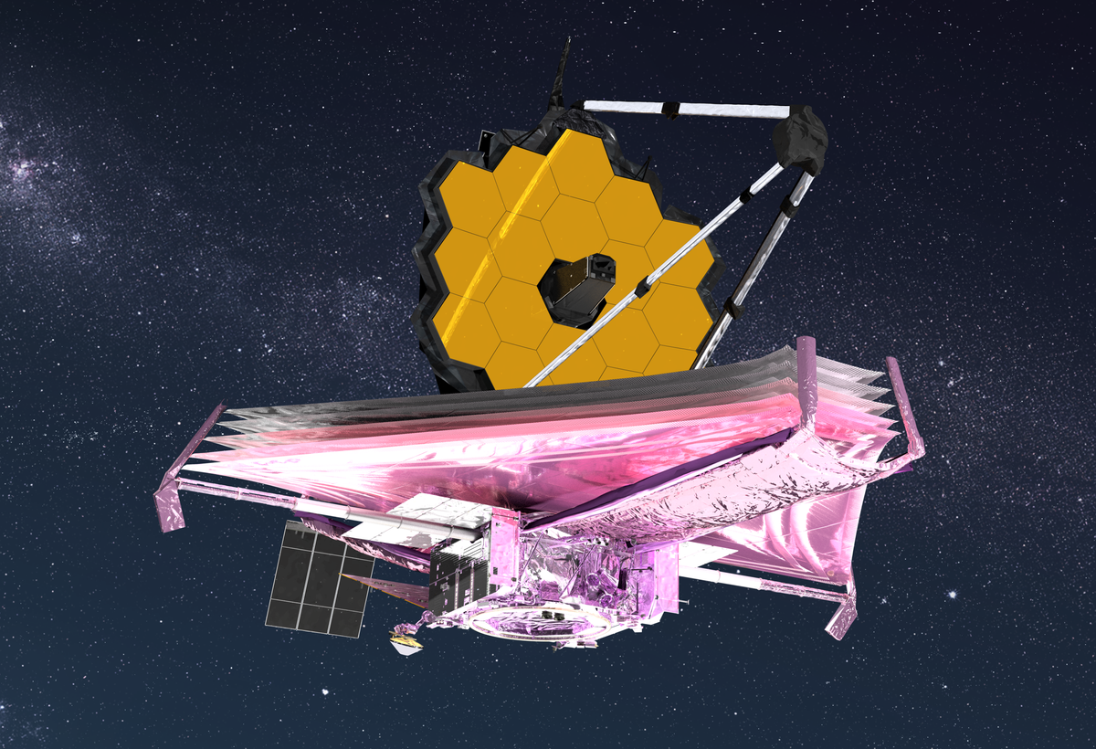 Rendering of James Webb Space Telescope including its 18-segmented primary mirrors and its five-layered sun shade 