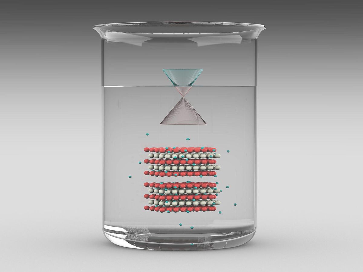 Rendering shows a clear beaker with rendering suspended in liquid of atomic-scale model featuring red and white connected dots floating in liquid. Two  connect above them.