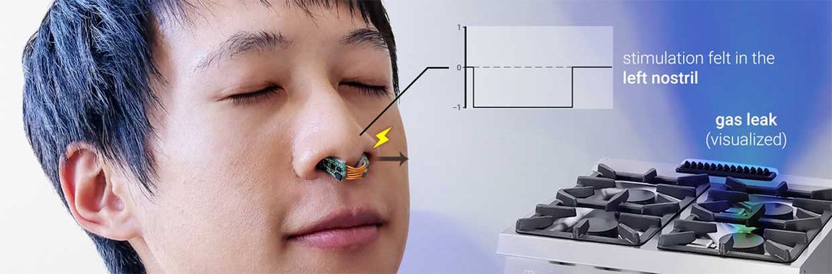 Researchers have developed a way to augment our sense of smell with a small piece of nose-worn hardware that uses tiny electrical impulses to give us the power of directional smell.