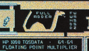 Retro computer interface with a camel shape labeled "FULL ADDER" and technical data.