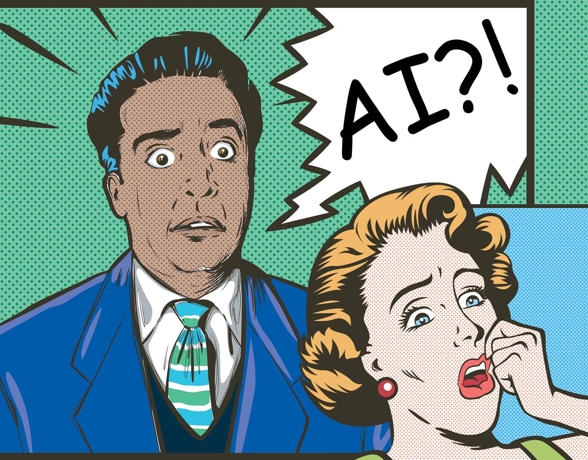 Retro style illustration of a man and a woman with fearful expressions. A speech bubble says AI?!