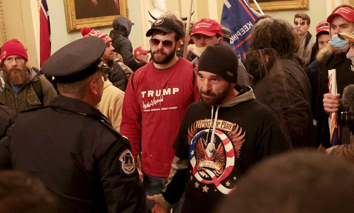 Rioters interact with Capitol Police inside the U.S. Capitol Building on January 06, 2021 in Washington, DC.