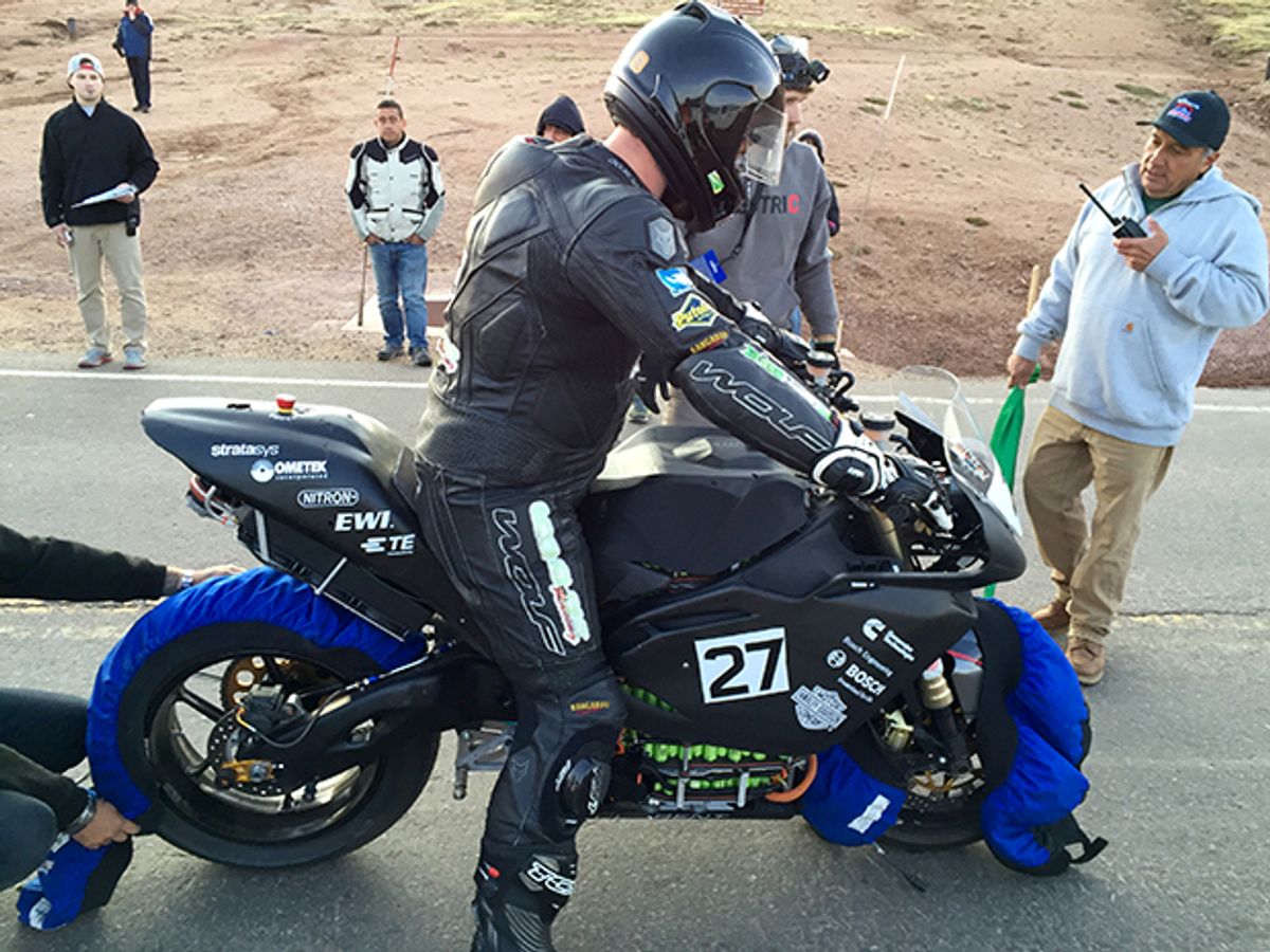 Rob “Bullet” Barber astride the Buckeye Current electric motorcycle