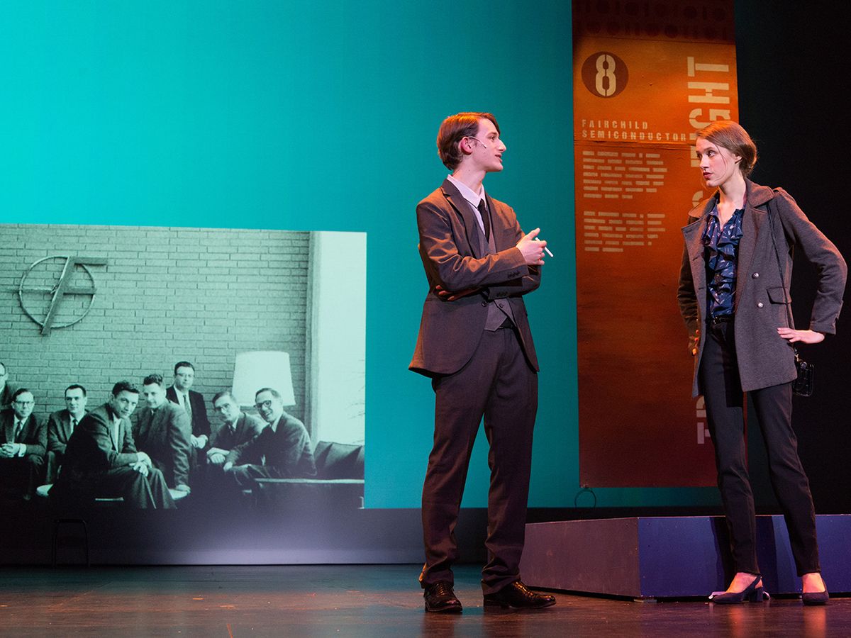 Robert Noyce (played by Jesse Wilen), advises fictional entrepreneur Saira Sidona (Sofia Peterson) in Venture, a new musical about Silicon Valley. 