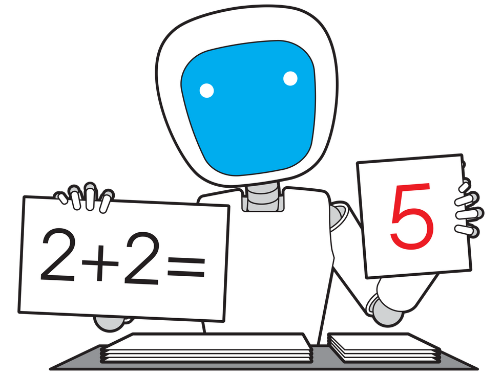 Robot holding cards with math on them