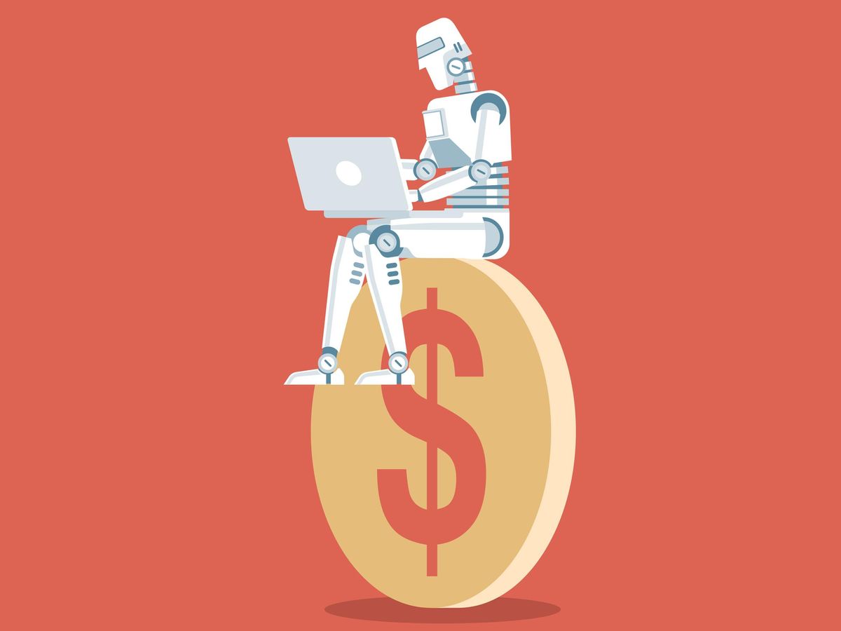 robot on a laptop sitting on top of a coin with a dollar sign against a red background