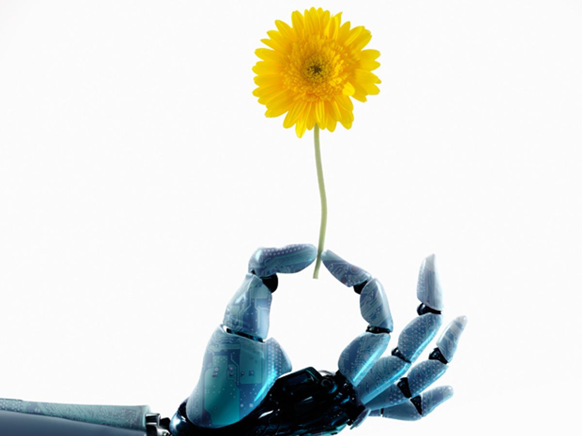 Robotic hand holds a cut dandelion flower.