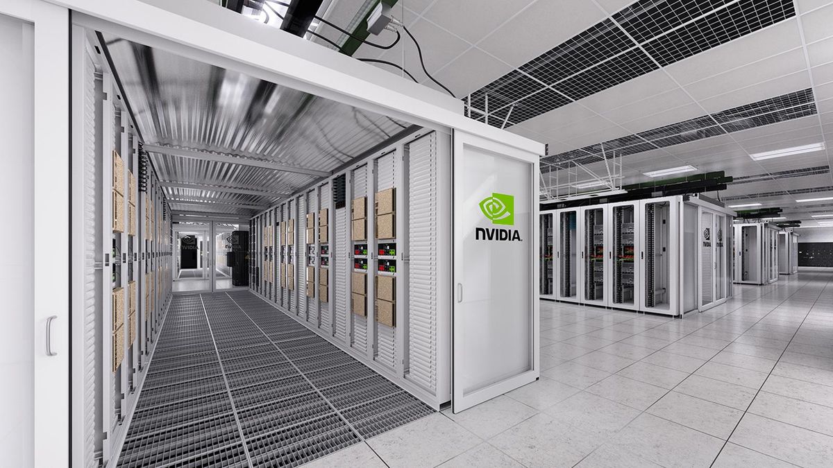 Rows of white cabinets in a white room with Nvidia symbol on the side.