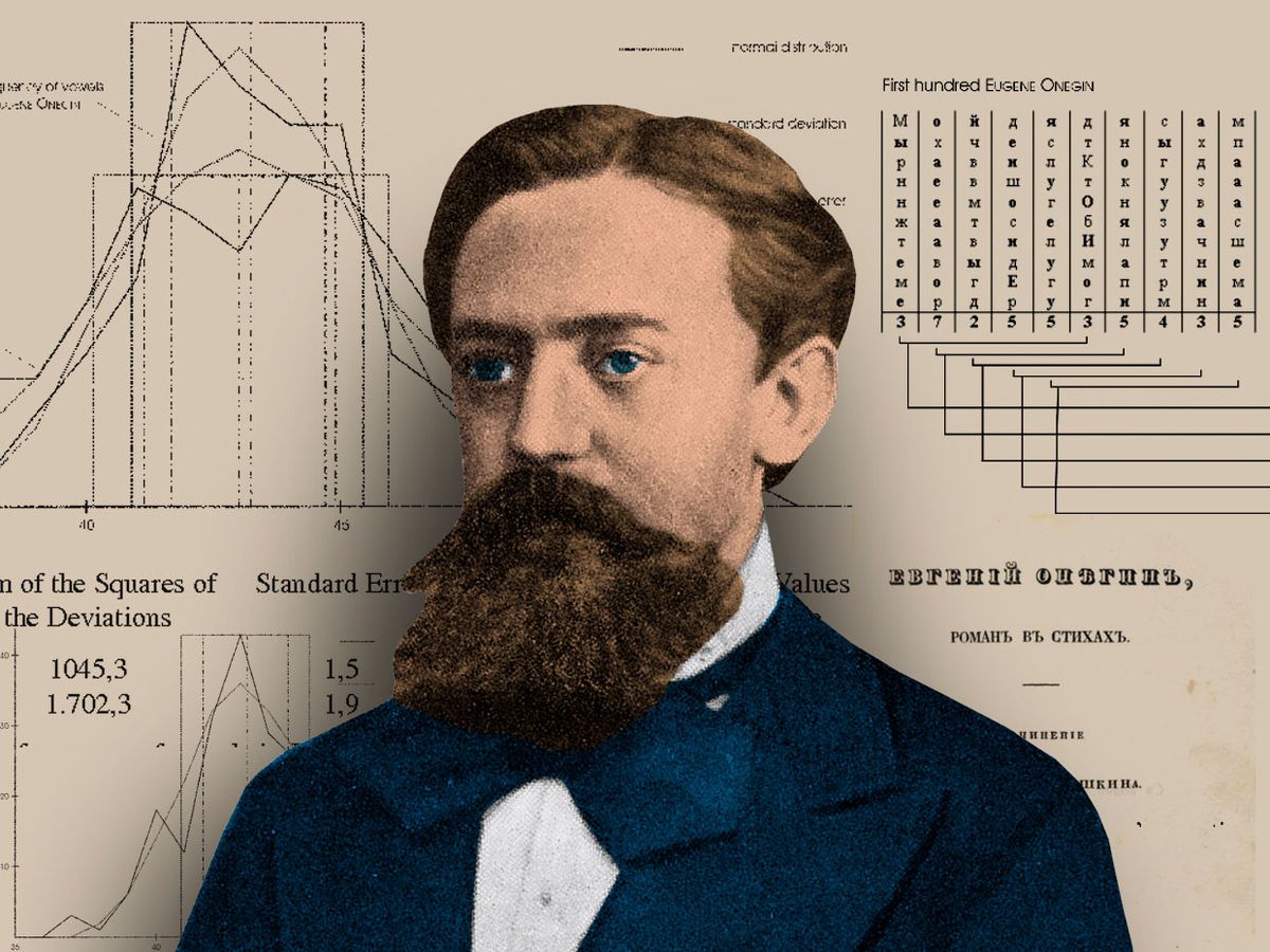 Russian mathematician Andrey Andreyevich Markov in front of his statistical analyses of Alexander Pushkin’s novel, Eugene Onegin.