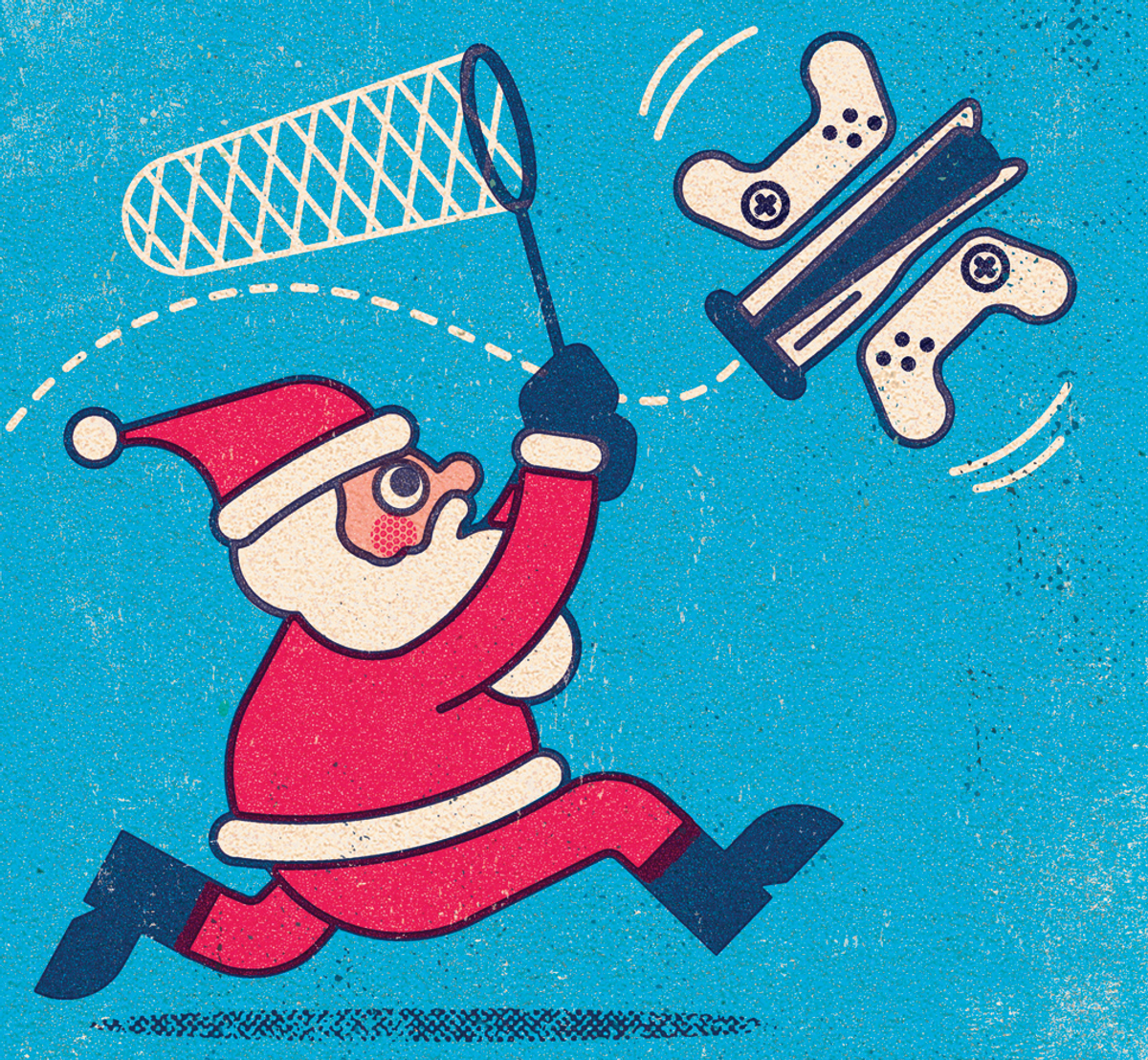 Santa holding a net chasing after a butterfly made out of a game system and controllers.  
