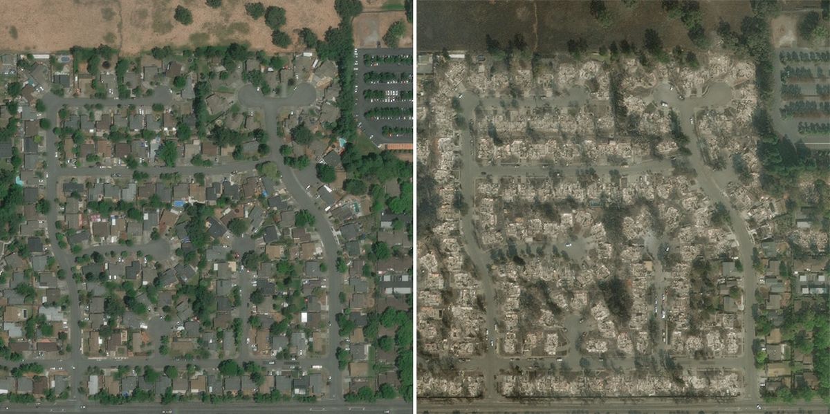 Satellite images from Digital Globe/MAXAR's Open Data Program showing buildings in Santa Rosa, CA before the Tubbs Fire (left), and after (right).