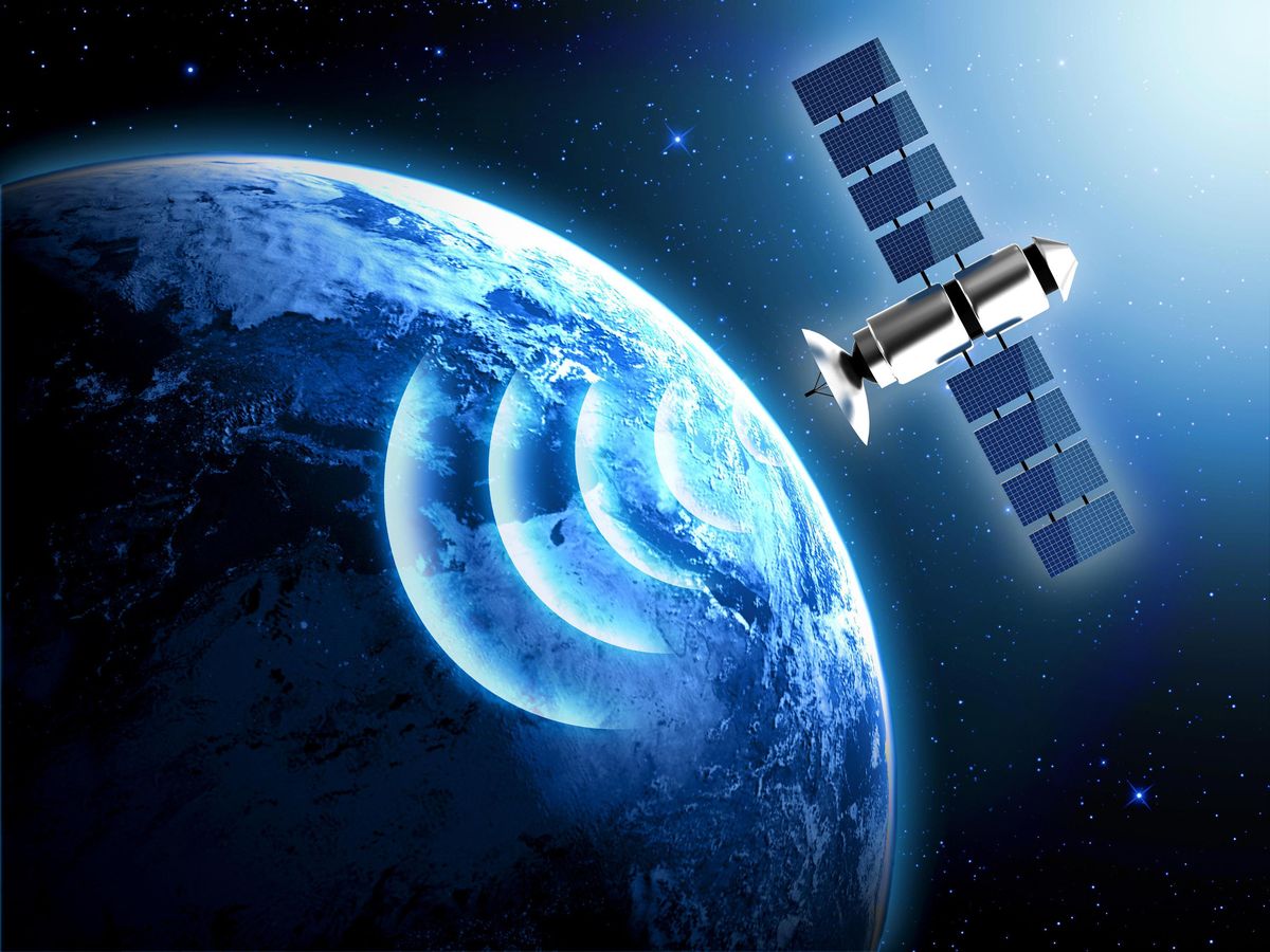 satellite in outer space sending signal down to Earth