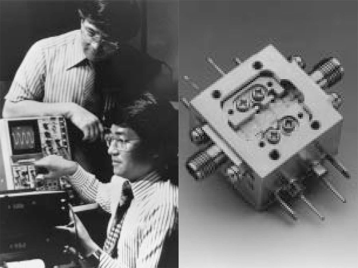 Satoshi Hiyamizu (left) and Takashi Mimura of Fujitsu testing the first HEMT IC. On the right is the first commercial HEMT: a cryogenic low-noise amplifier for the radio telescope at Nobeyama Radio Observatory, Nagano, Japan.
