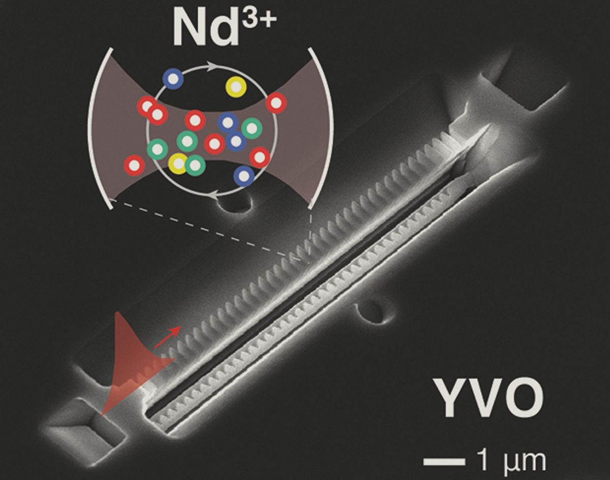 Scanning electron microscope image showing the nano-scale optical quantum memory fabricated in yttrium orthovanadate (YVO). The schematic shows that this device is an optical cavity that contains Nd atoms.
