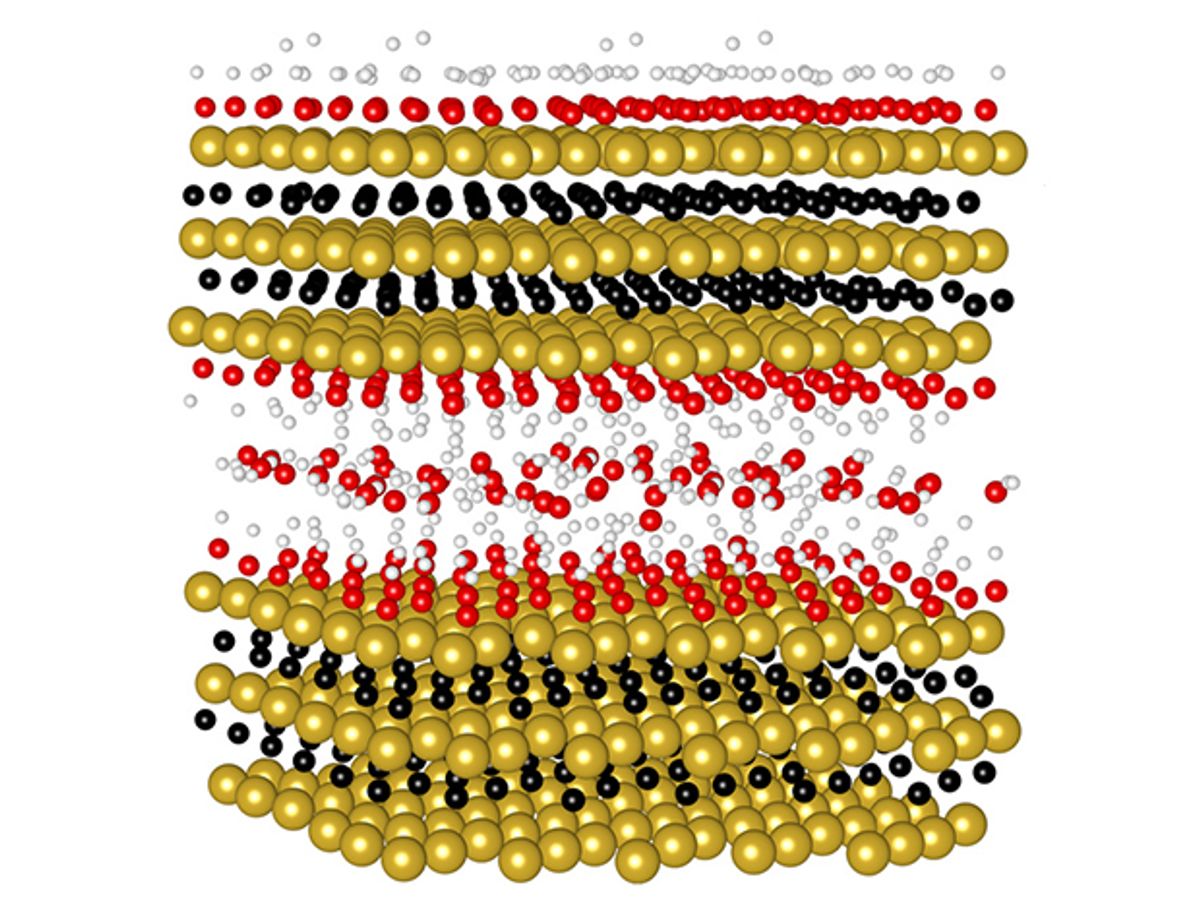 Schematic illustration of MXene structure looks like layers of gold balls with smaller black balls and some red and white balls in between the layers