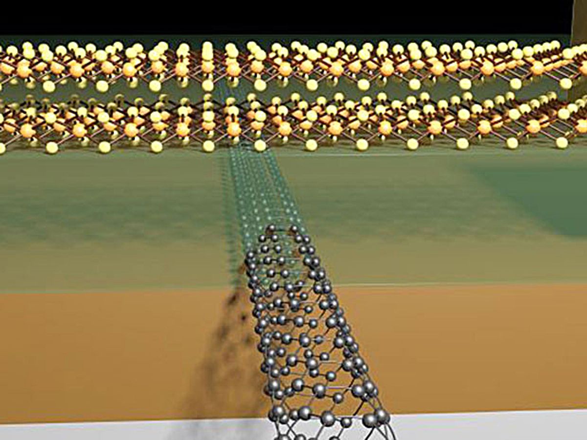 Schematic of a transistor with a molybdenum disulfide channel and 1-nanometer carbon nanotube gate.