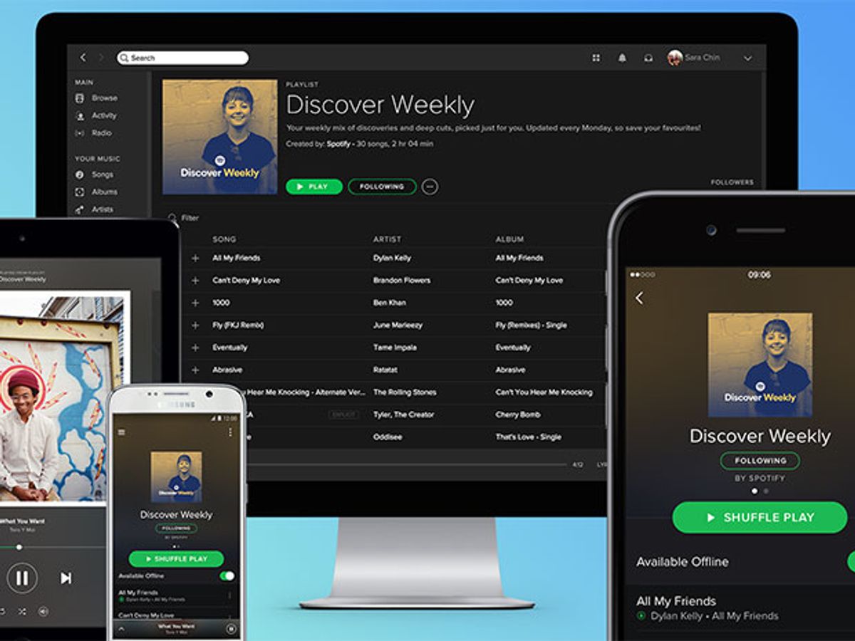 Screen shots of Spotify's Discover Weekly recommender system on a computer, a phone, and a tablet