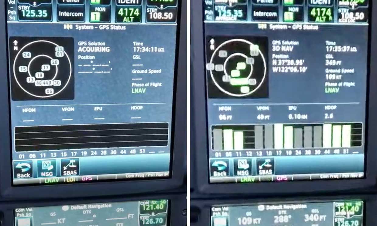 Split image showing GPS outage during flight.