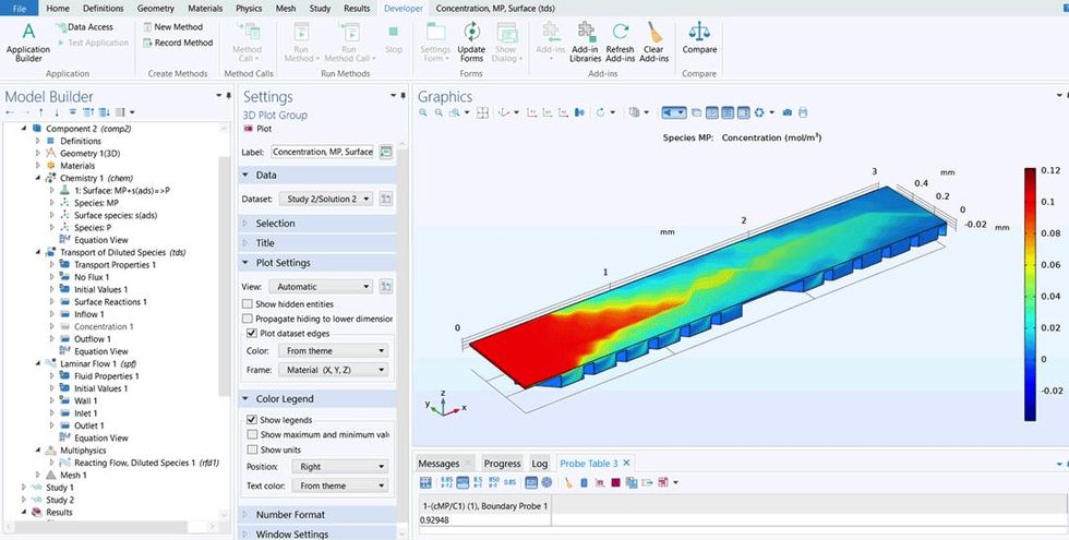 Screenshot of COMSOL simulation software showing the microfluidic system.