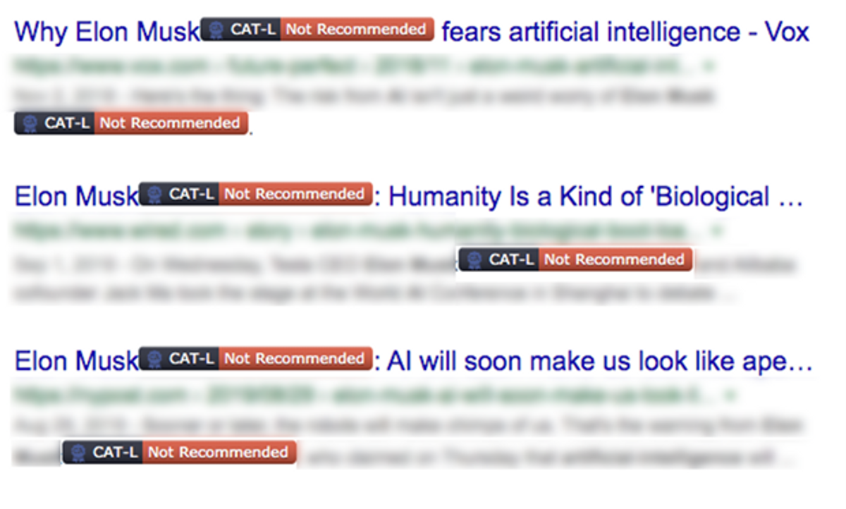Screenshot of the Certified Artificial Do not Recommend emblem next to Elon Musk focused headlines.