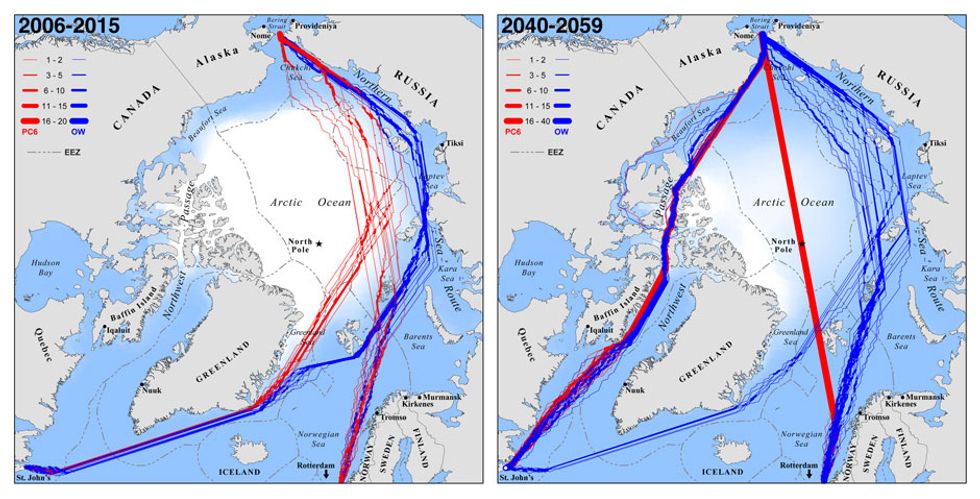 Sea Routes: Geographers computed the fastest routes for icebreakers (red) and ordinary ships (blue) as the climate warms.