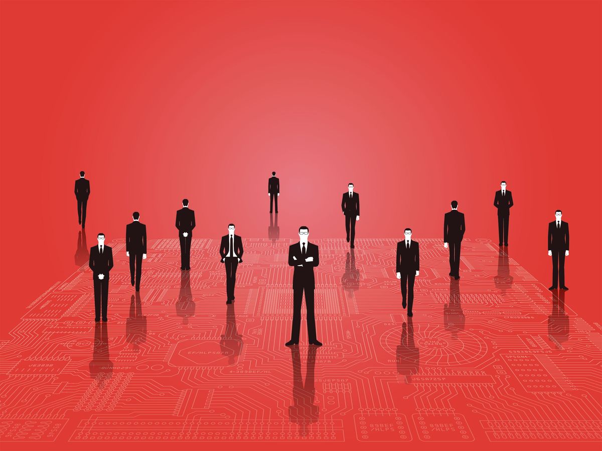 security guards in black suits standing on top of a circuit board on a red background
