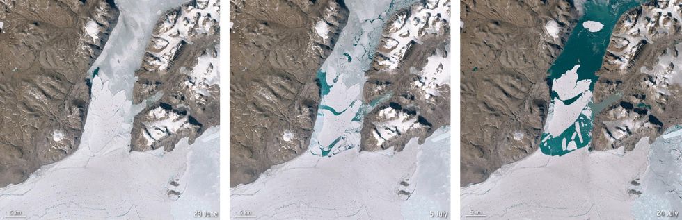 Sequence of photos showing the flow of ice in the Nioghalvfjerdsbr\u00e6 glacier.
