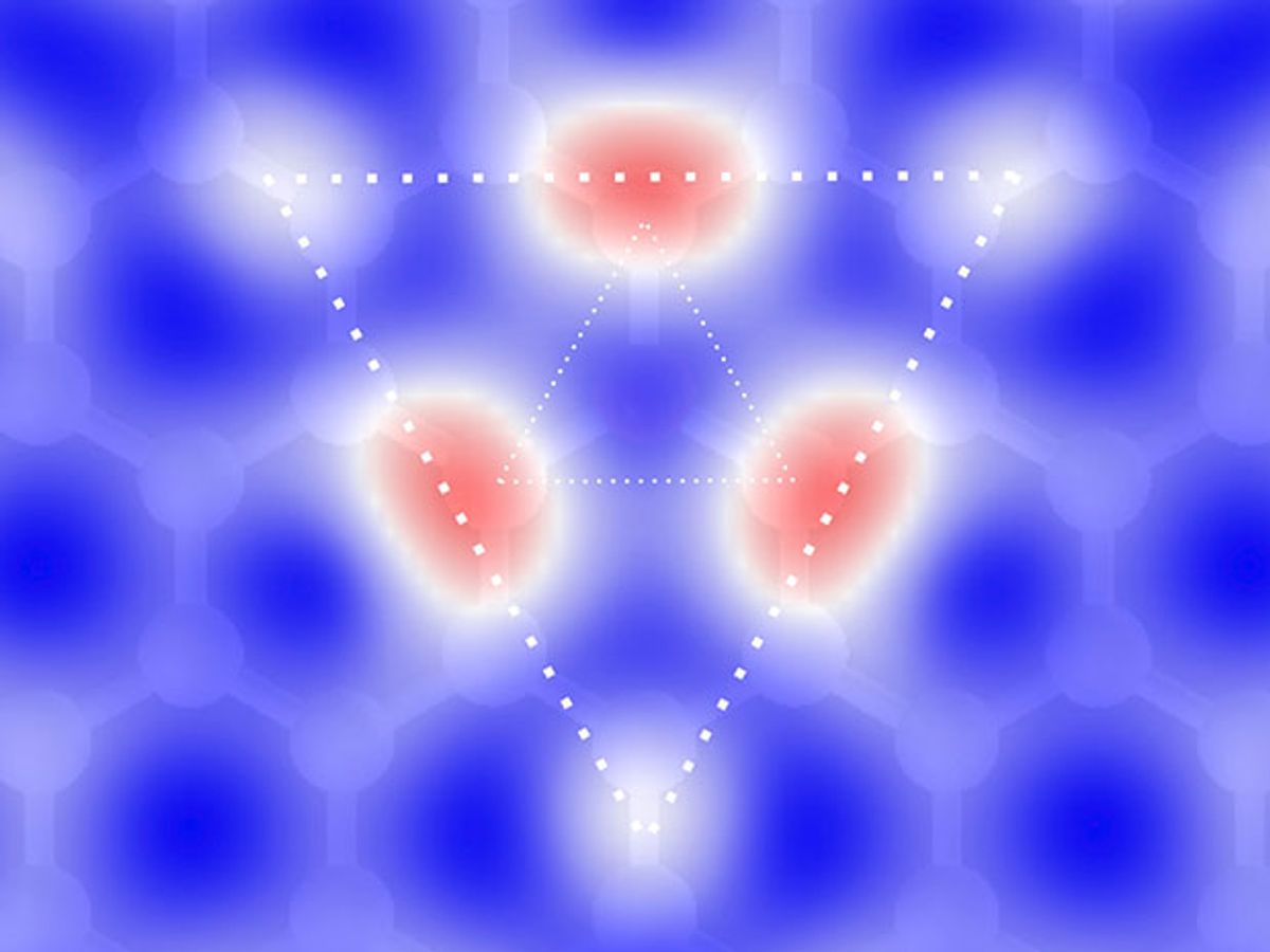 Serving as guides to the eye, the inner dashed triangles in the image depict the graphitic nitrogen nearest neighbors and the corners of the outer triangles are terminated at the locations of the enhanced electron density among second and third nearest