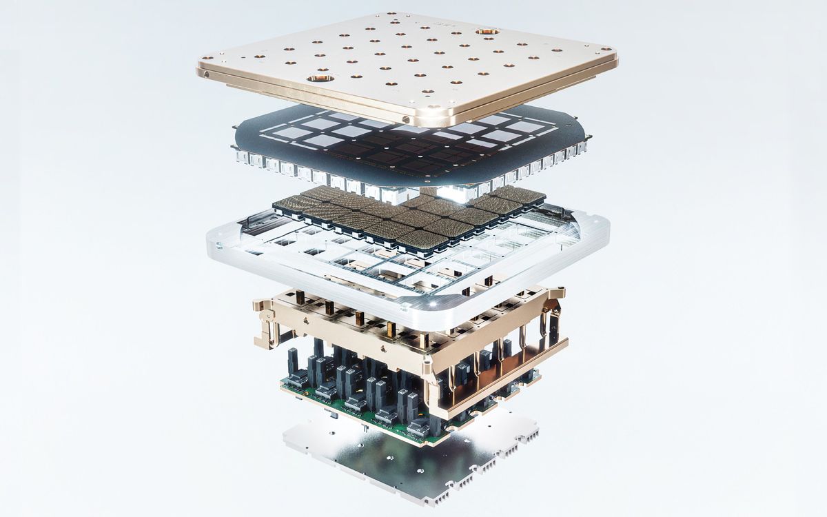 Seven metallic squares with various electronic components hover in a stack.
